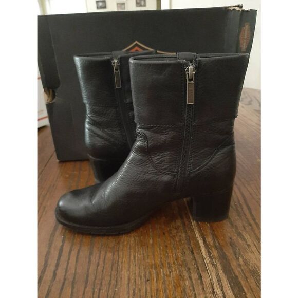 Size 6 Harley Davidson Black Leather Sadie Casual Cuff Boots Booties Chunky Heel - Picture 3 of 12